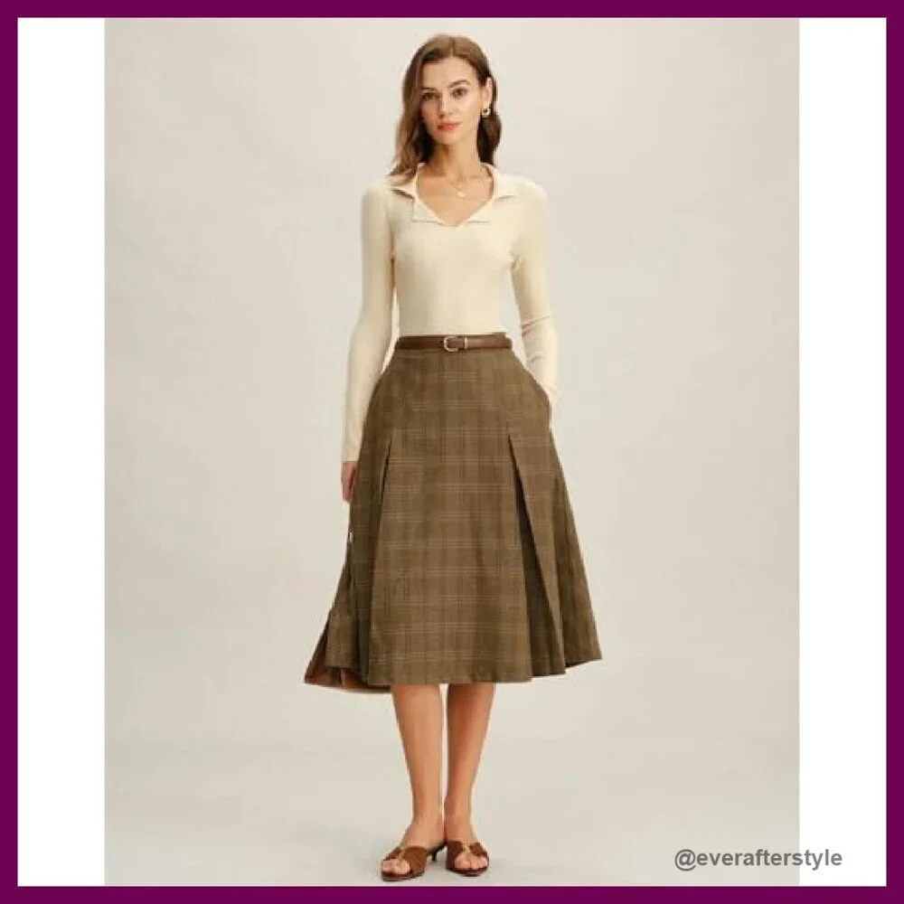 Vintage Plaid A-Line Midi Skirt High Waist Elegant Retro Wool-Blend Pockets - Picture 4 of 6
